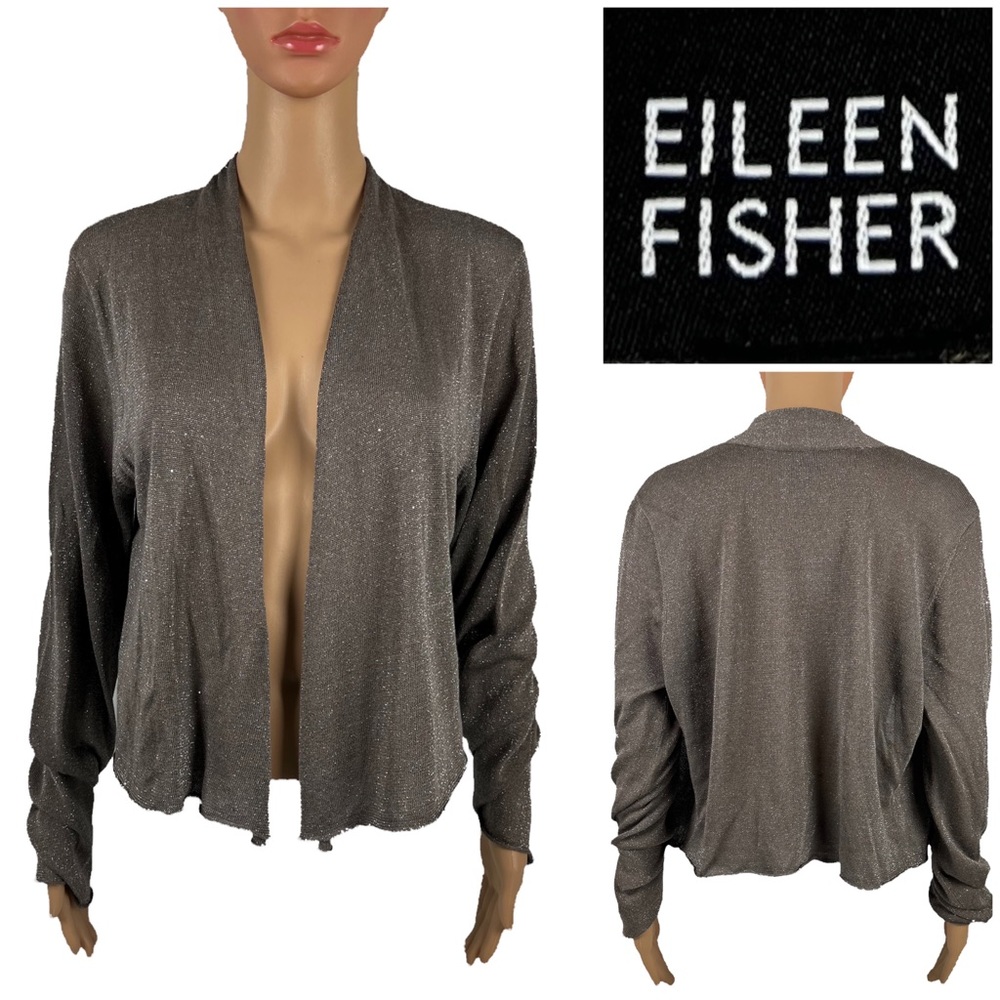 Eileen Fisher Womens Large Cardigan Brown Rayon Linen Glitter Open Front EUC